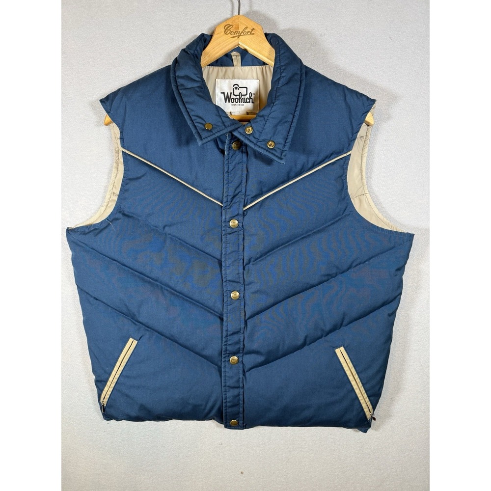 VTG 80s Woolrich Down Puffer Vest Blue Tan USA Sheep Logo Gorpcore Mens L EUC